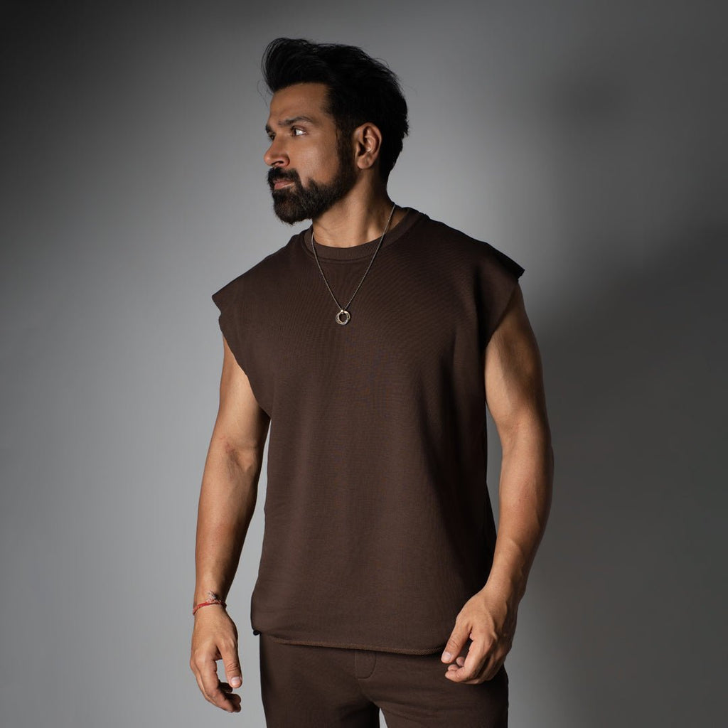 CHOCLATE BROWN SLEEVELESS RAW EDGE TSHIRT