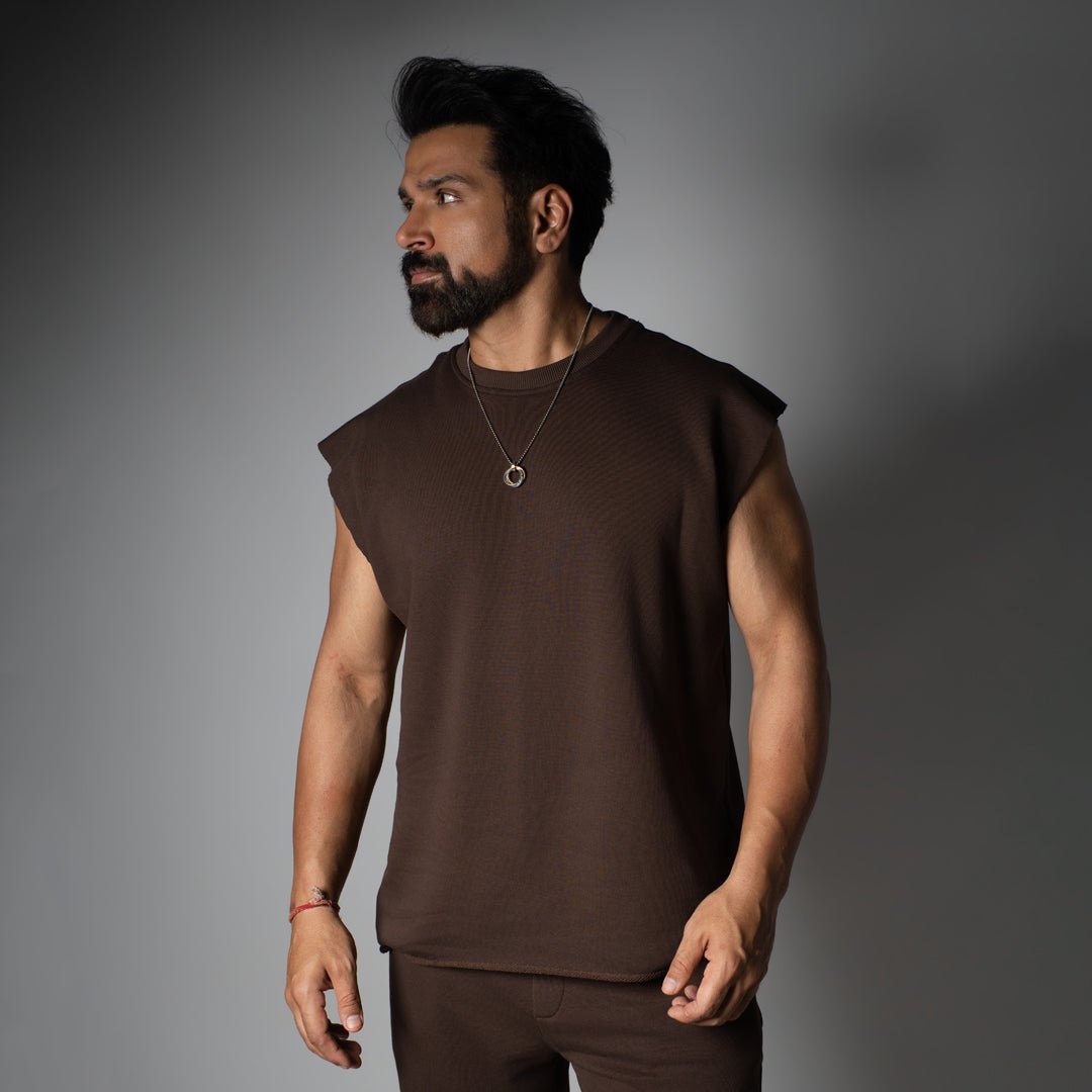 CHOCLATE BROWN SLEEVELESS RAW EDGE TSHIRT