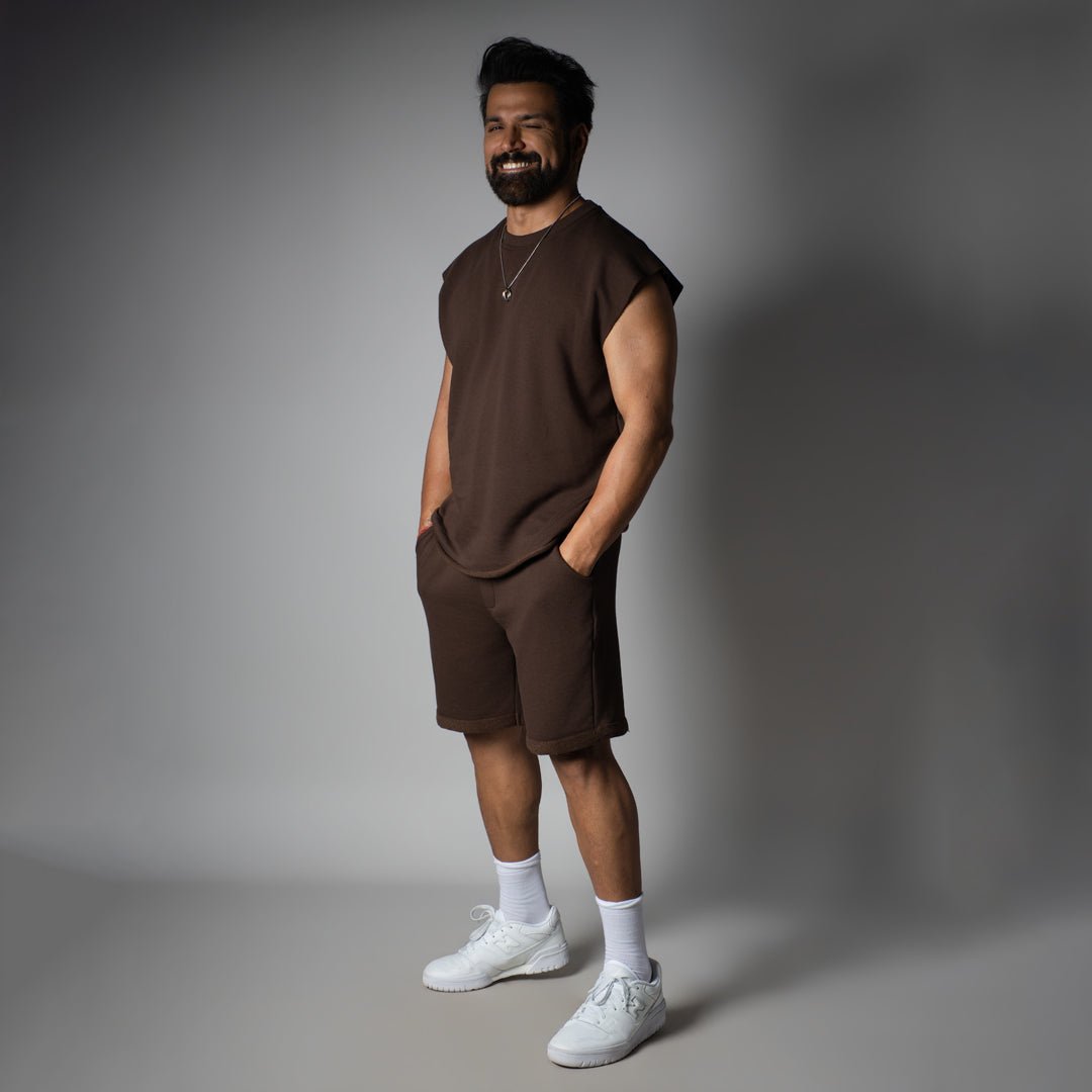 CHOCLATE BROWN SLEEVELESS RAW EDGE TSHIRT