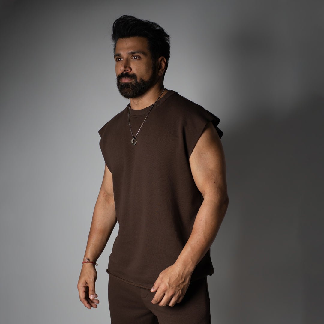 CHOCLATE BROWN SLEEVELESS RAW EDGE TSHIRT