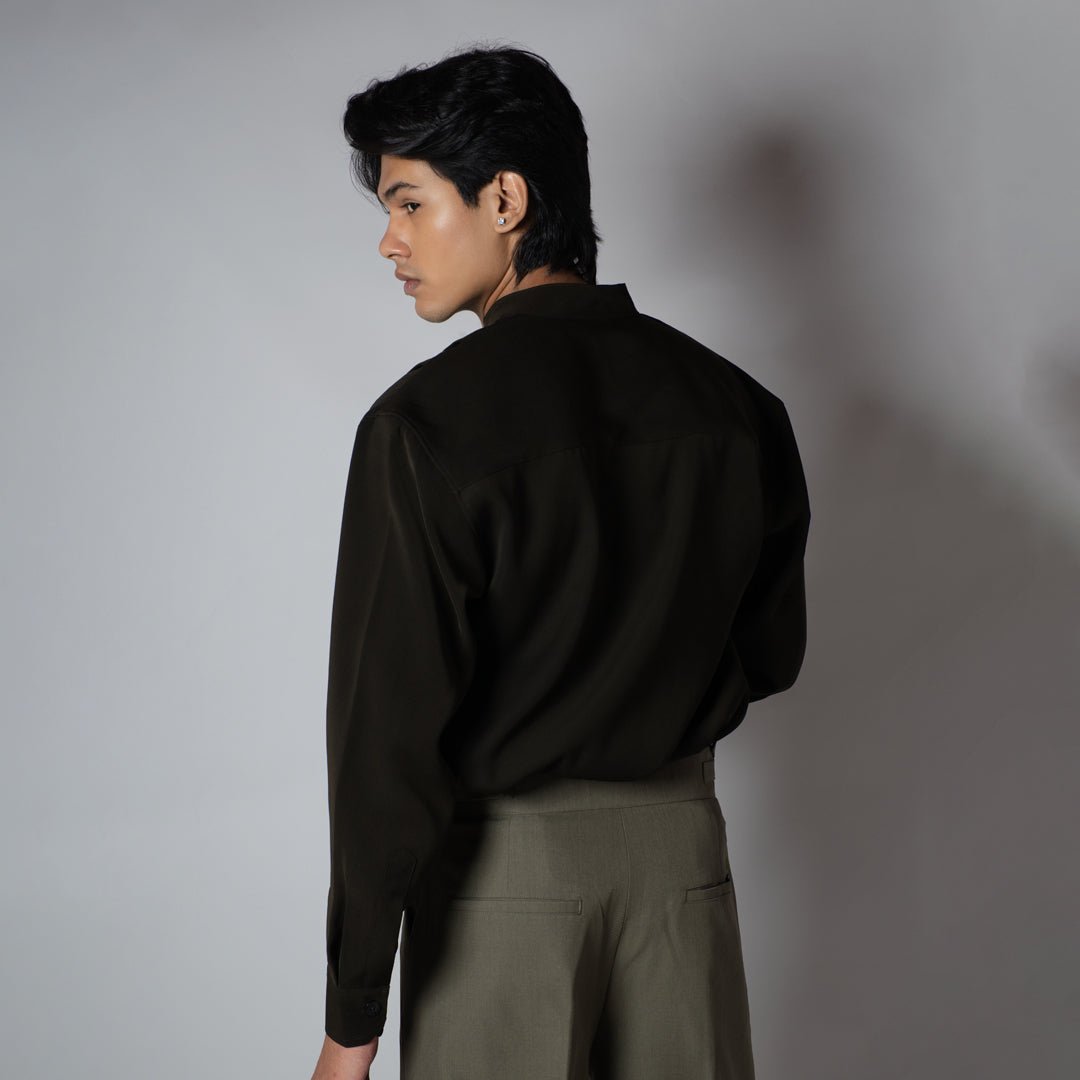 EARTHY OLIVE CHINESE COLLAR SHIRT