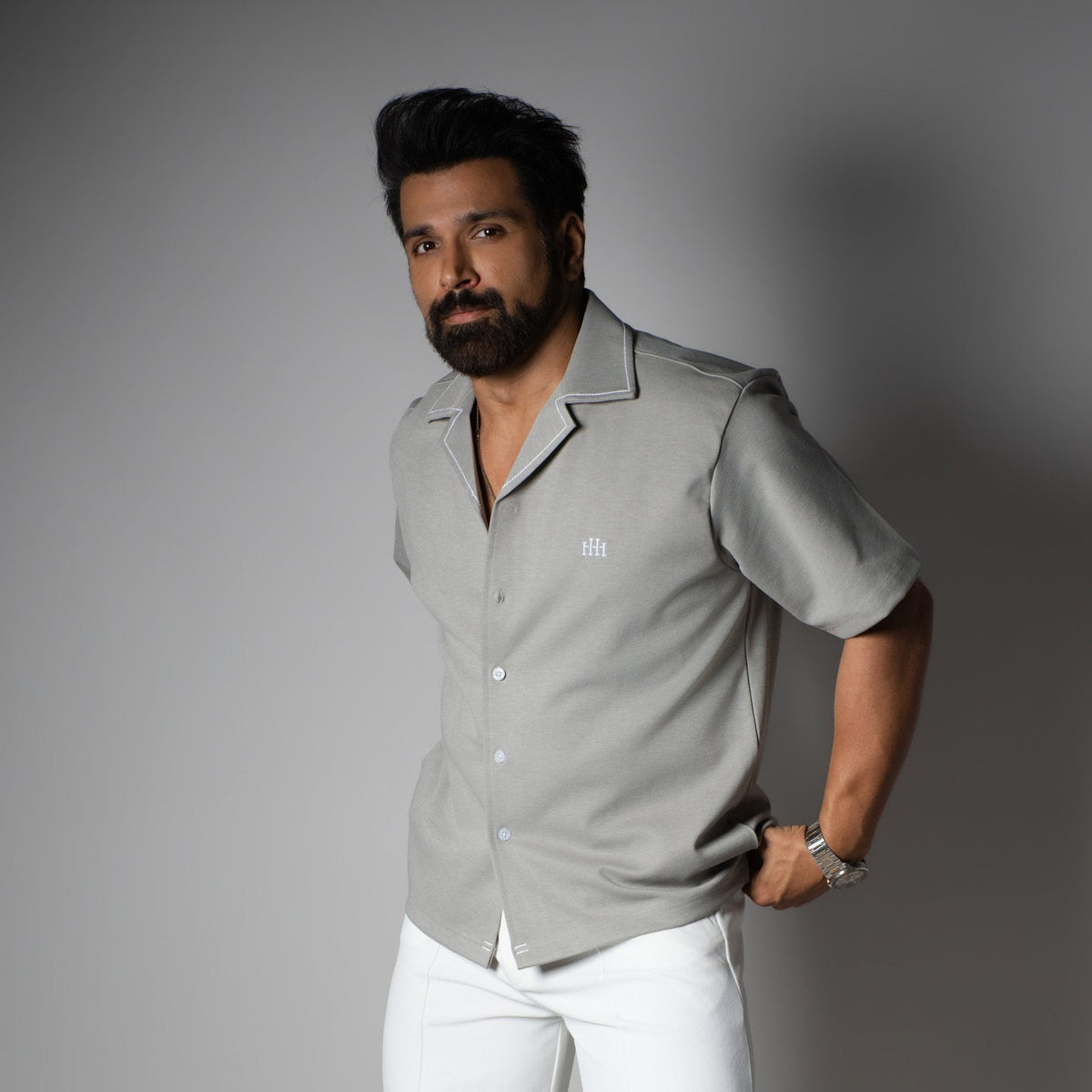 Grey Cuban Collar Shirt