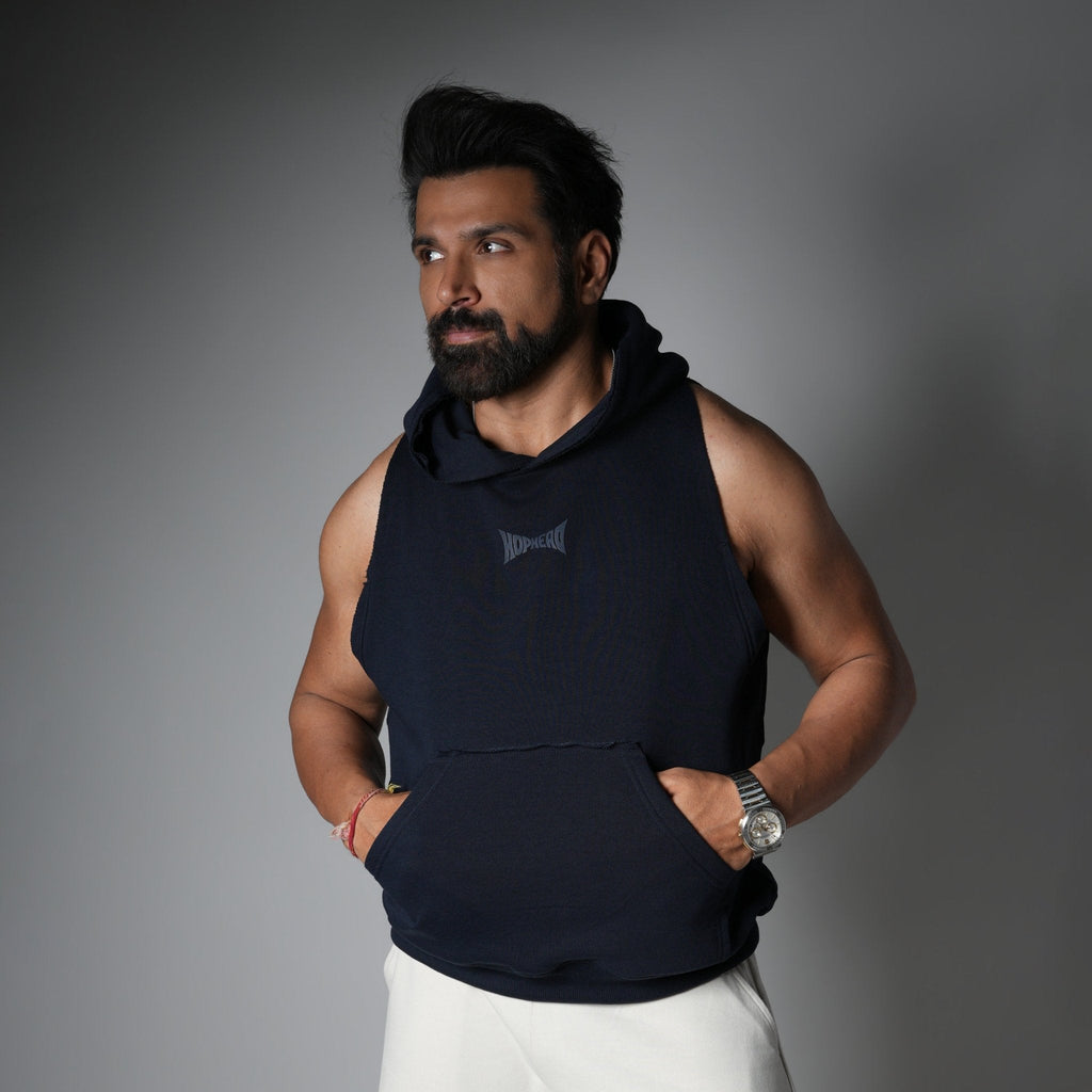 NAVY BLUE RAW EDGE SLEEVELESS HOODIE