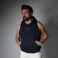 NAVY BLUE RAW EDGE SLEEVELESS HOODIE