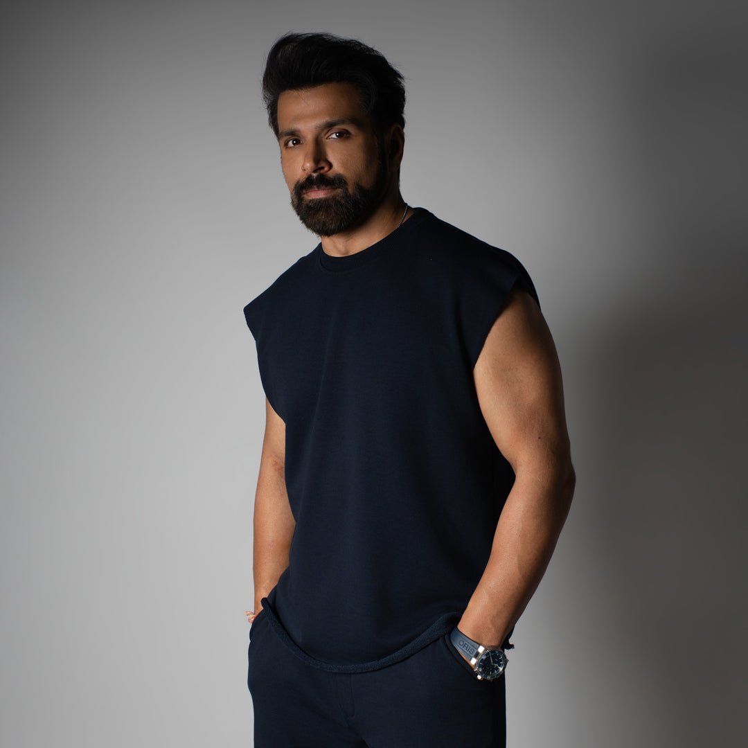 NAVY SLEEVELESS RAW EDGE TSHIRT