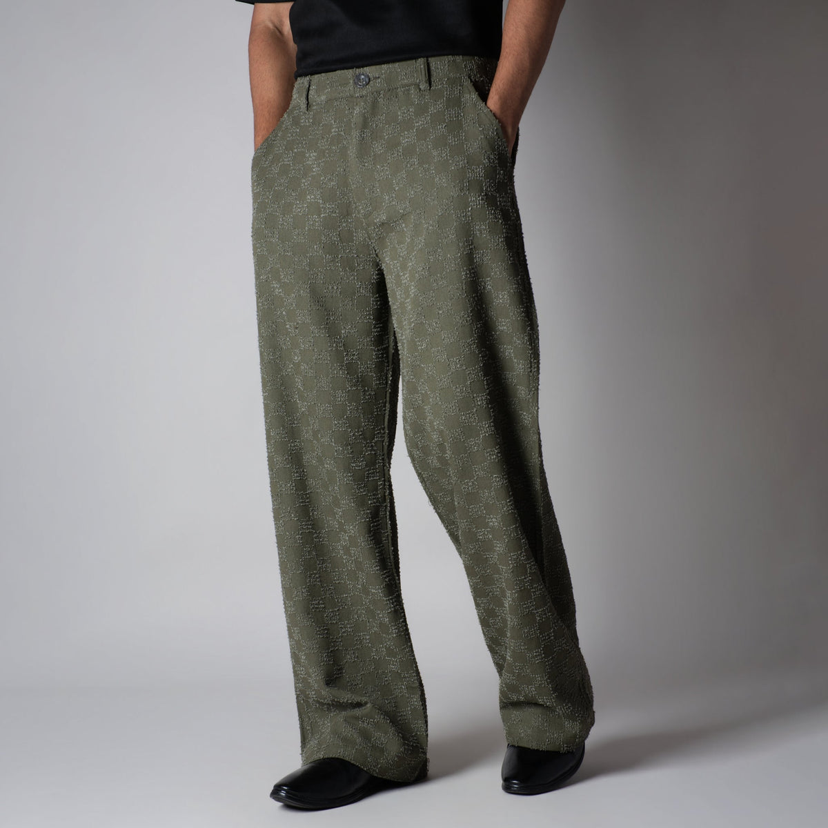 OLIVE CHECKERED ROOFING BOOT CUT DENIM