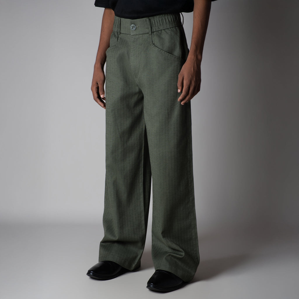 OLIVE SOFTMOVE VERTICAL LINE SIGNATURE LINEN PANTS