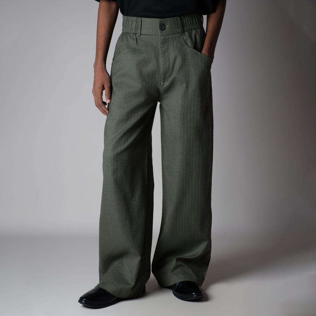 OLIVE SOFTMOVE VERTICAL LINE SIGNATURE LINEN PANTS