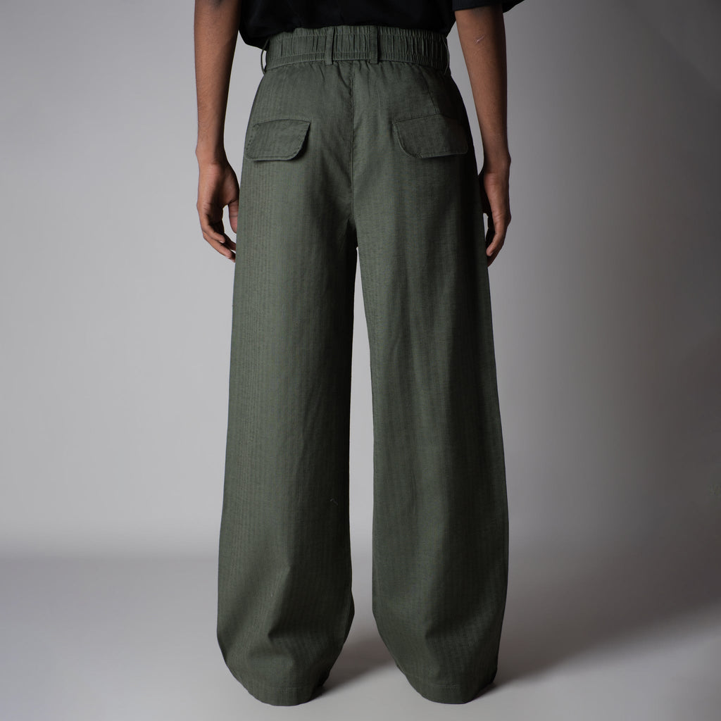 OLIVE SOFTMOVE VERTICAL LINE SIGNATURE LINEN PANTS