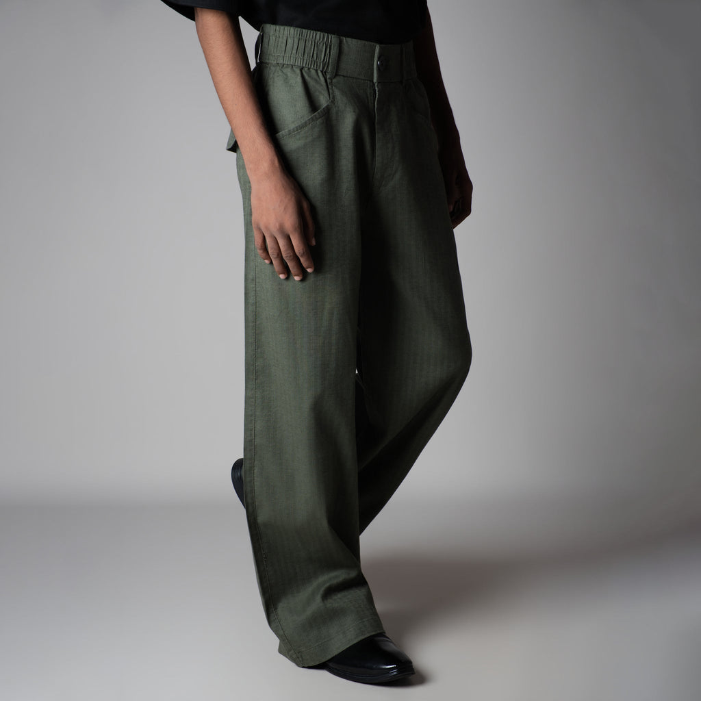 OLIVE SOFTMOVE VERTICAL LINE SIGNATURE LINEN PANTS