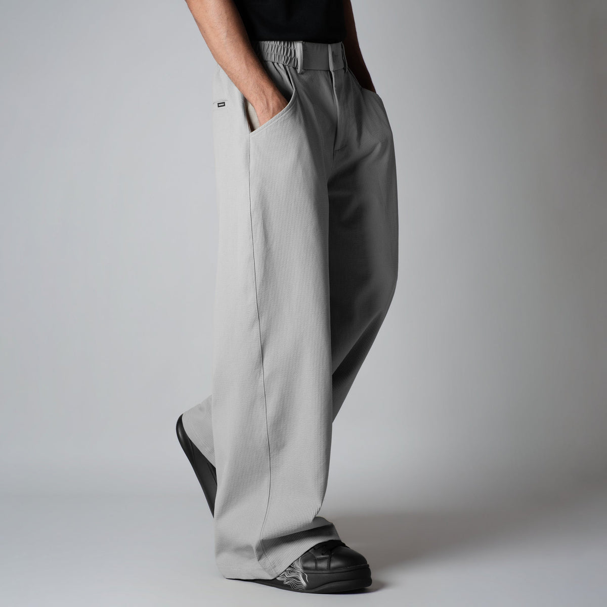 STONE GREY PIN-RIB WIDE PANTS