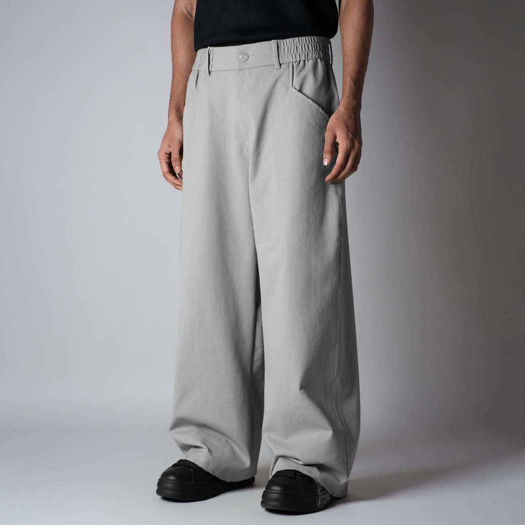 STONE GREY PIN-RIB WIDE PANTS