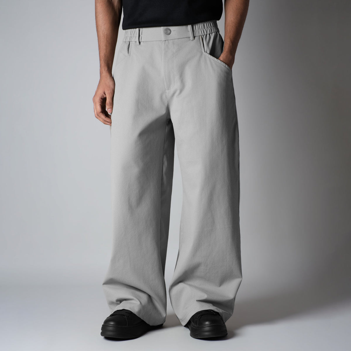 STONE GREY PIN-RIB WIDE PANTS