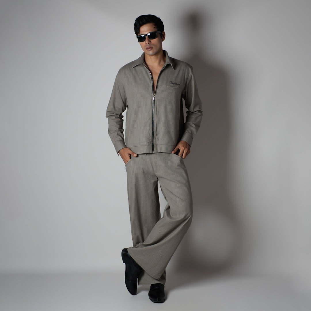 STONE GREY VERTICAL STRIPED ZIPPER JACKET