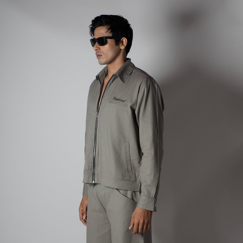 STONE GREY VERTICAL STRIPED ZIPPER JACKET