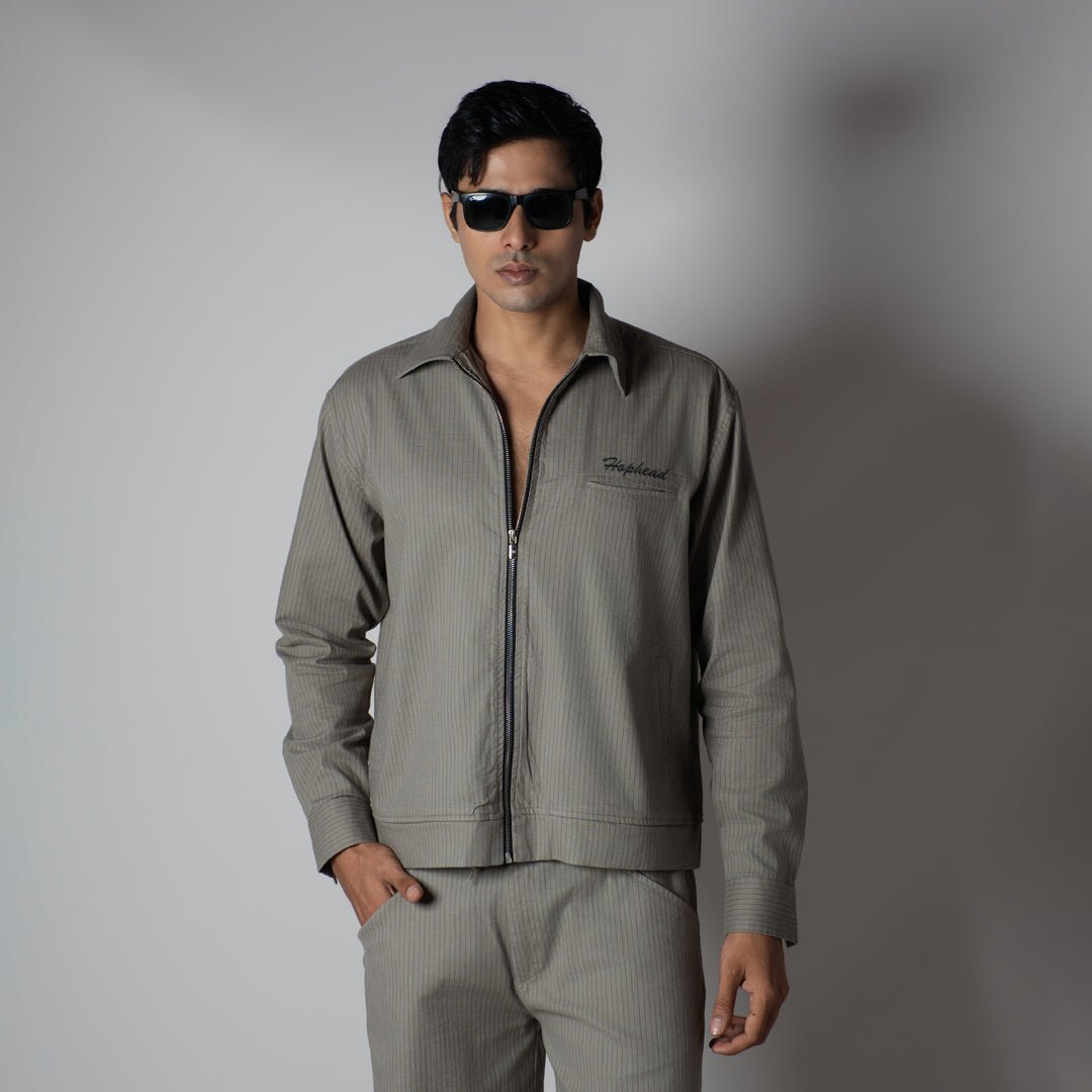 STONE GREY VERTICAL STRIPED ZIPPER JACKET