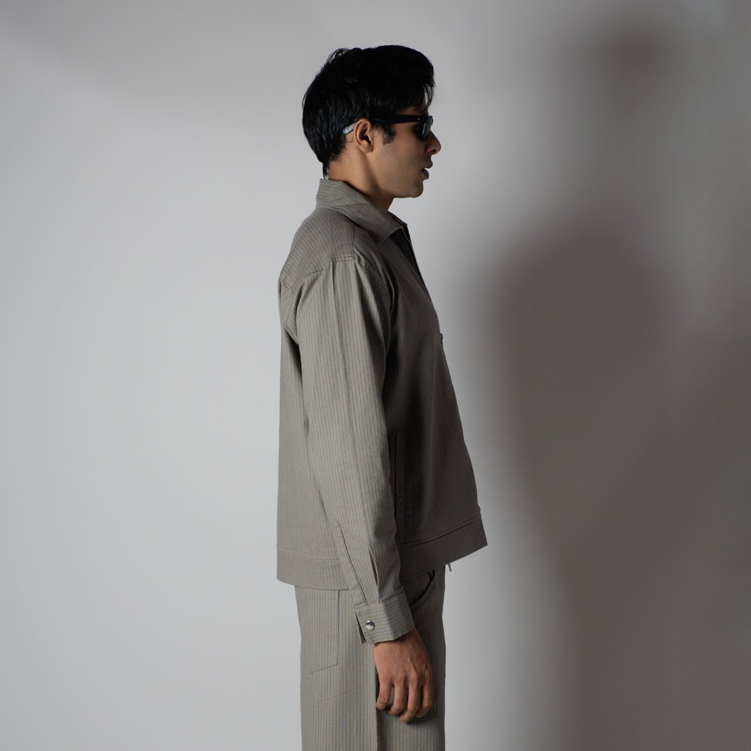 STONE GREY VERTICAL STRIPED ZIPPER JACKET