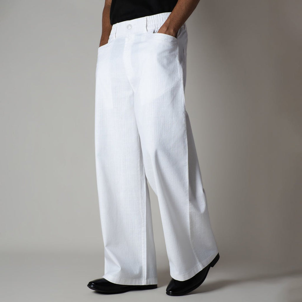 WHITE TEXTURED LINEN TRAVEL PANTS